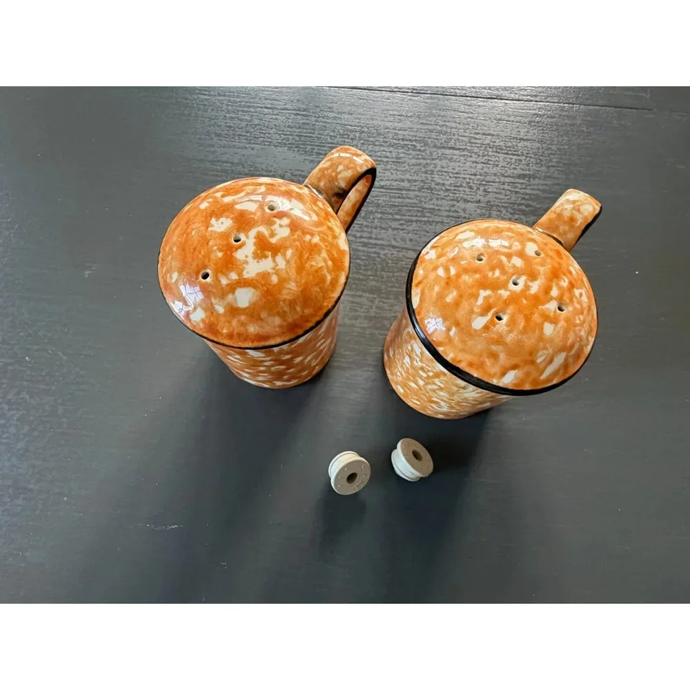 Stangl Town & Country Orange Splatter Ware Round Salt & Pepper Shakers -Stoppers